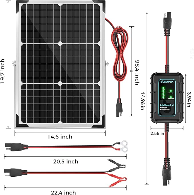 SUNAPEX 30W Solar Battery Charger: 12V Waterproof Solar Panel Kit - Aluminum Trickle Charger for Car Battery with Controller - Battery Tender Motorcycle Boat Marine RV Trailer Tractor Truck
