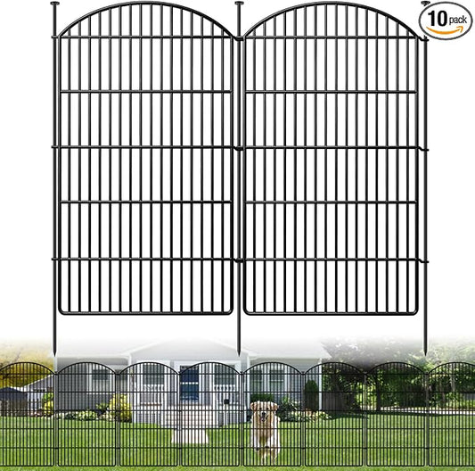 10 Panels Decorative Garden Metal Fence, 48in (H) x 24ft (L) No Dig Dog Fencing for Outdoor Yard, Rustproof Animal Ground Stakes Temporary Panel Border Barrier for Patio Flower Bed Camping