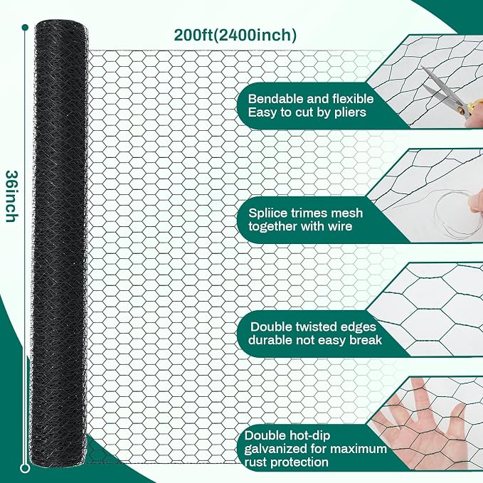 GlikCeil 36 in x 200 ft Chicken Wire Fencing Metal Floral Chicken Wire Mesh for Crafts Poultry Garden, 1 Inch Hexagonal Galvanized Hardware Netting for Poultry Coop Barrier Rabbit Cage (Black)
