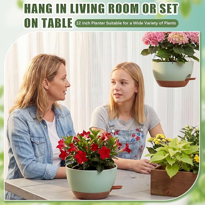 Sliner Set of 4-10 Inch Self Watering Hanging Planters Includes Hanging Pots and Outdoor Hanger Plant Pots with Drainage Holes 2 Types of Hanger Basket Hooks for Patio Garden(Green Brown)