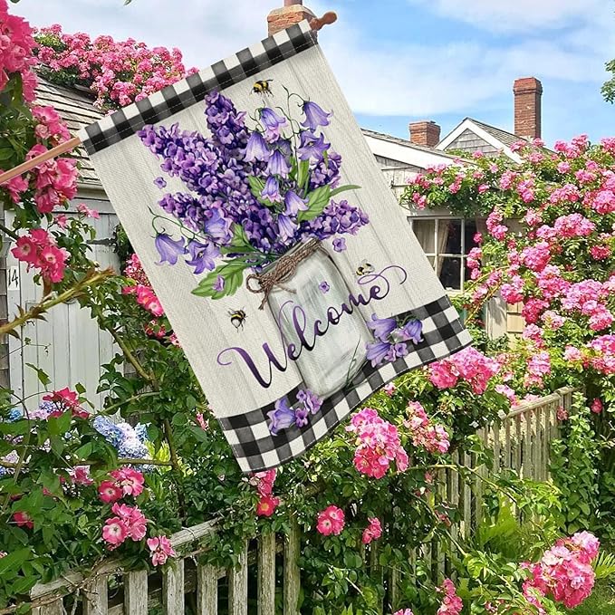 Hzppyz Welcome Spring Summer Floral Flower House Flag Double Sided, Hyacinth Canterbury Bells Decorative Garden Yard Outdoor Large Decor, Mason Jar Plaid Farmhouse Home Outside Decoration 28 x 40