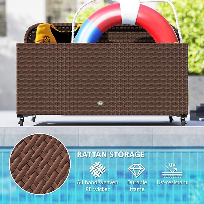 Outsunny Wicker Patio Pool Float Storage Basket, PE Rattan Outdoor Pool Caddy with Rolling Wheels for Floaties, Noodles, Life Vests, Beach Balls, Patio Furniture, Brown