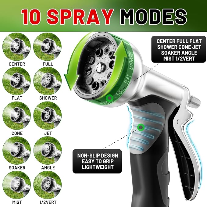 Aheroi Garden Hose 50FT, Flexible Garden Hoses Duo Mode Patented Kink-Free Water Hose with 10 Spray Nozzle, Lightweight Non-Expanding Waterhose for Outside Garden,High-Pressure&Wear-Resistant