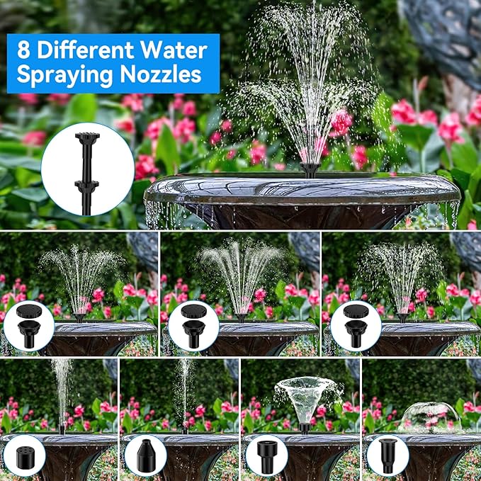 POPOSOAP 6.5W Solar Fountain Pump for Bird Bath Built-in 2400mAh Battery Backup & 12W Solar Water Fountain Pump for Outdoor Pond, Bird Bath, Fish Tank and Garden Water Features