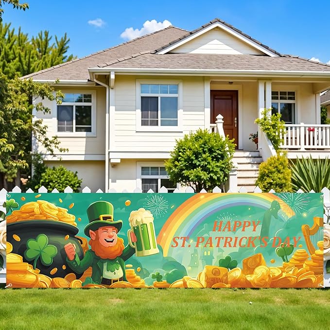 10x3 ft Extra Large Happy St. Patrick's Day Banner Outdoor 115''x35'' Happy St. Patrick's Day Banner for Fence Outside Garden Large Banners Yard