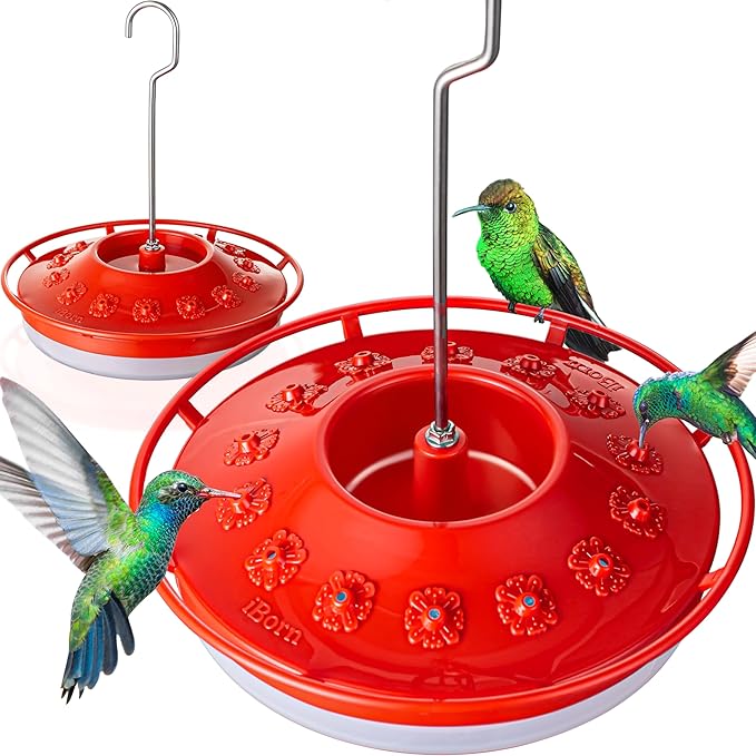 iBorn Hummingbird Feeders for Outdoors Hanging,Bee Proof Hummingbird Feeder with 14 Feeding Ports,13 OZ Saucer Humming Bird Feeders with Ant Moat,Ant Proof No Leak,Easy to Clean and Refill,2 Pack,Red