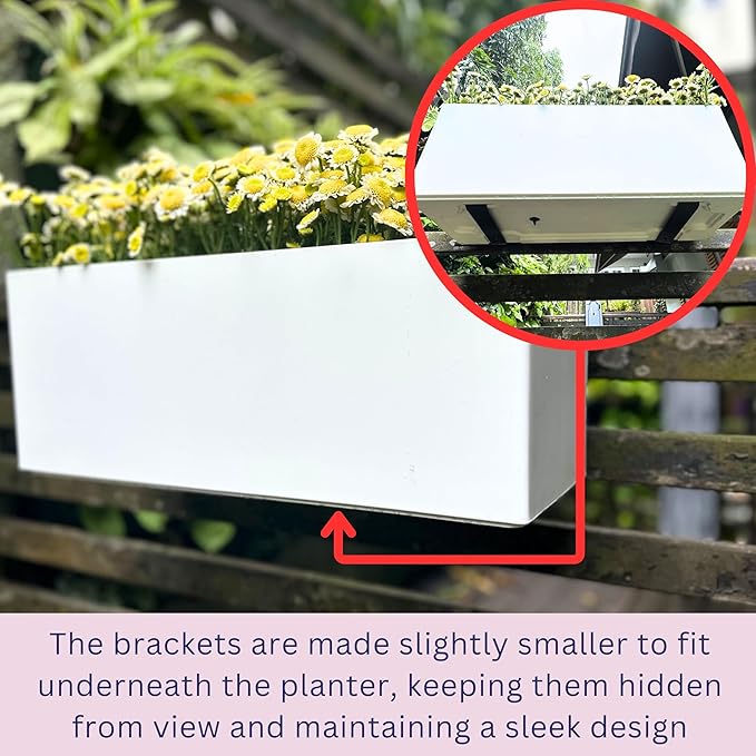 LaLaGreen Railing Planter Box (14 Inch, 2 Pack) White Rectangular Window Flower Boxes with Bracket, Self Watering System Hanging Planters for Outdoor Plant Pot Container Deck Rail Fence Balcony Herb