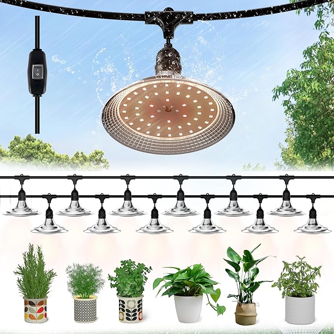 Outdoor LED Grow Light, Waterproof String Plant Growing Light, 41 FT Full Spectrum Growth Light, Suitable for Garden, Farm, Flower, Seedling Greenhouse Grow Light (12 Light)