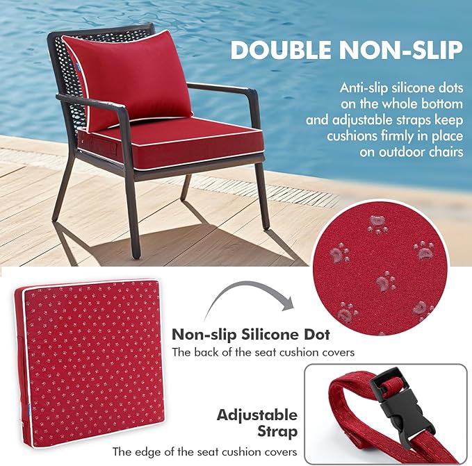 MIULEE Red Outdoor Seat Cushion 22x22 Inch Waterproof & 3 Year Fade Resistant Deep Seat and Back Cushion for Patio Furniture Chair Sofa Couch with Handle and Adjustable Straps