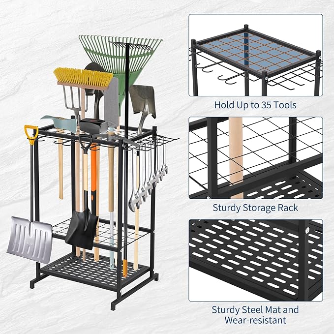 Garden Tool Organizer,3 Tier Yard Storage Rack With 3 Shelves,Heavy Duty Holder With 35 Long-Handled Slots& Hooks for Yard Shed and Lawn