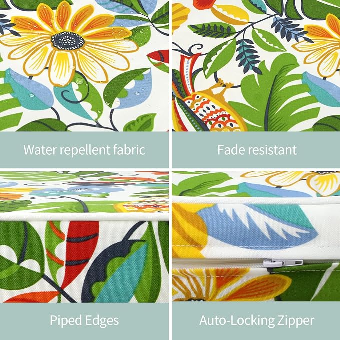Outdoor Chair Cushions Set of 4, 19x19 Inch U-Shape Patio Seat Cushions with Ties, Water & Fade Resistant High Density Foam Cushions for Garden Patio Chairs, Flower Bird