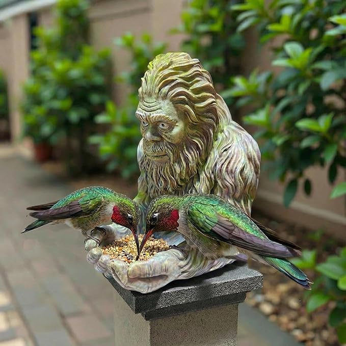 Bigfoot Bird Feeder Satue: 6" Green Garden Yard Art Decoration Sculpture for Hummingbird Squirrel - Handcraft Outdoors Hanging Feeder Decor Gifts for Mom Gardening Bird Lover's