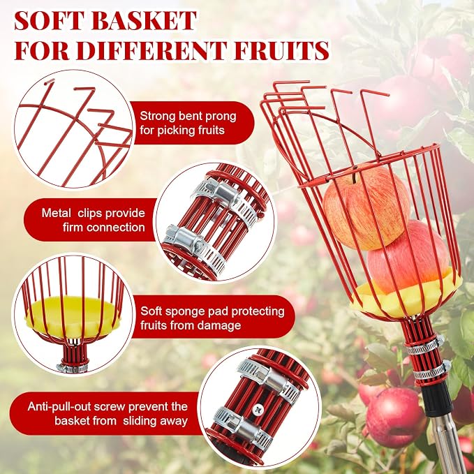 Colingmill 26ft Fruit Picker Pole with Basket, Telescoping Fruit Picking Tool with Soft Cushion, Extendable Harvester for High Trees, No Ladder Needed for Apple, Cherry, Orange, Citrus, Peach