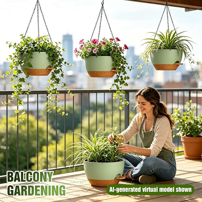 10 Inch Self Watering Hanging Planters, 3 Pack Plastic Plant Pots | Sturdy lightweight pot with side watering lip, drainage holes, snap-on detachable tray & hanging chain for easy care