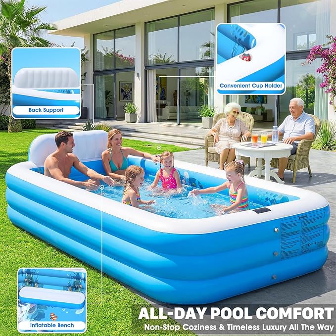 Extra Large Inflatable Pool With Lights,Upgraded Solar Powered Blow Up Pool For Adults,Inflatable Kids Swimming Pool with Seat& Backrest,Big Inflatable Kids Pool For Backyard,120x73x20IN-White