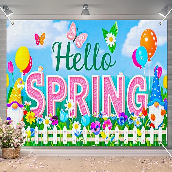 BlissYard Spring Gnome Backdrop 8x6ft Hello Spring Garden Party Background Cute Cartoon Gnome Photography Backdrop for Spring Festival Easter Celebration Birthday Classroom Photo Booth Decor