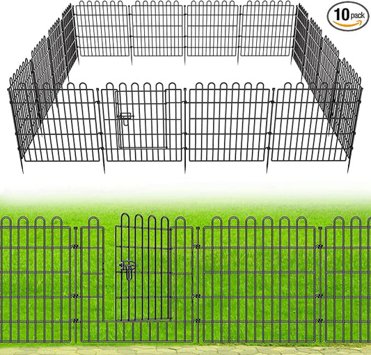 10 Panels No Dig Decorative Garden Fence with Gate for Yard, 24 in(H) X 20 ft(L) Animal Barrier Fencing for Outdoor Dog, Metal Portable Garden Fences for Borders, Pets, Landscape, Temporary Fence