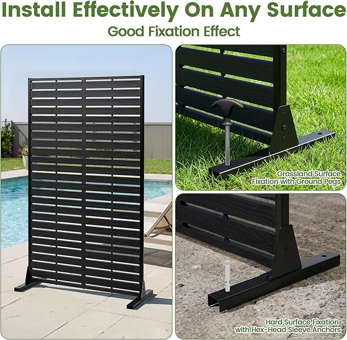 Outdoor Privacy Screen 60" H HDPE Decorative Panel Freestanding Privacy Fence with Stand, Privacy Screens with Louvered 5 Panels, Weather-Resistant Panel Fence for Patio, Balcony, Pool, Black