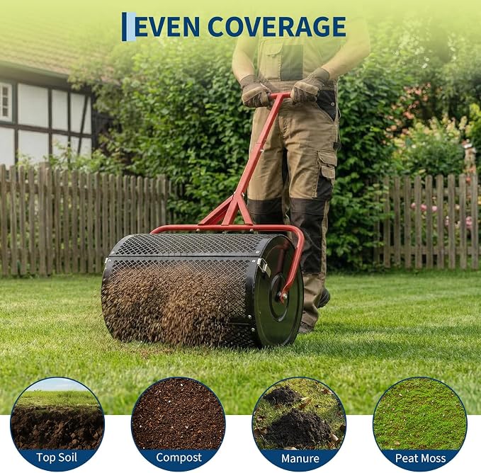 Compost Spreader, 24 Inch Peat Moss Spreader with Handle, 3 Heights Adjustable, Powder Coated Metal Mesh Top Dressing Spreader for Lawn, Planting Seeding