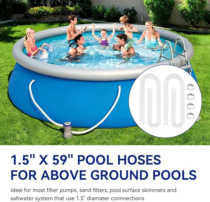 Pool Hoses for Above Ground Pools 1.5" Diameter x 59" Long, 2 Pack 1.5 Inch Above Ground Pool Hose Replacement Compatible with Intex Coleman Surface Skimmer, Filter Pump Hose, with 4 Metal Clamps