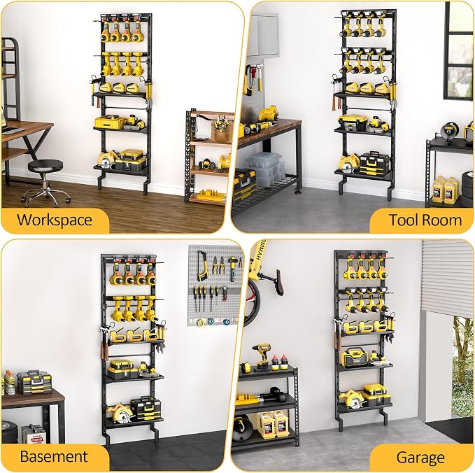 BUKFEN Garage Tool Storage Rack, Wall Mount 5-Tier Heavy Duty Metal Organizer with 8 Drill Holder Slots, Adjustable Shelves, Side Hooks Workshop Utility 1 Pack Black Vertical Space-Saving