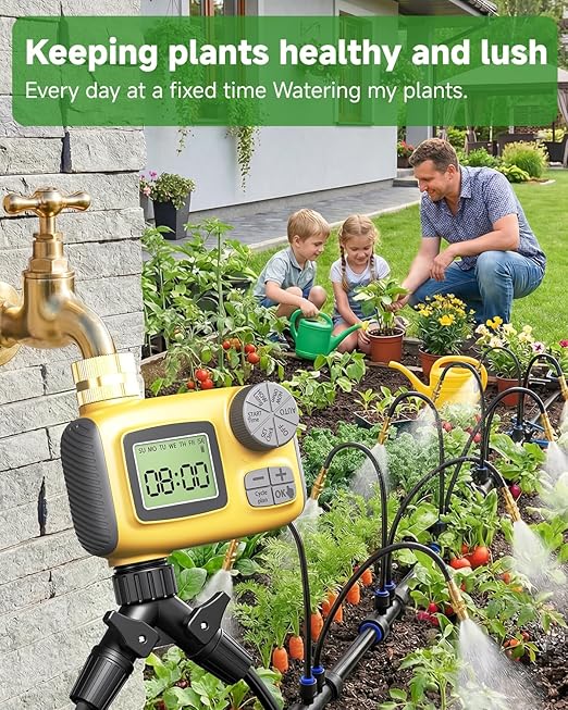 66FT Drip Irrigation System with Timer, Automatic Watering System Kit with Solid Brass Metal Connectors, 360° Dual‑Outlet Adjustable Nozzles for Garden, Yard, Lawn, Greenhouse & Potted Plants