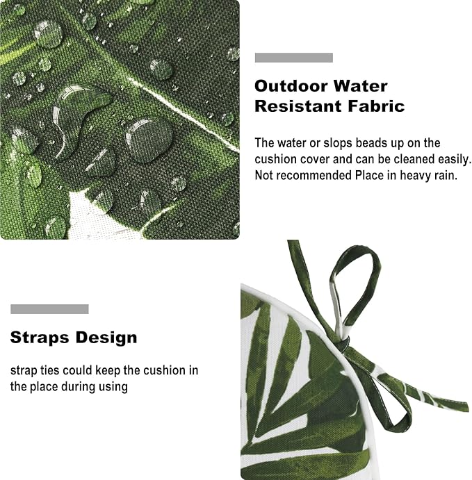 DYTXIII Set of 2 Outdoor Chair Cushions with Ties,Water Repellent Patio Chair Pads 17"x 16" for Outdoor Furniture,Round Corner Seat Cushions for Garden Yard Kitchen Palm Green