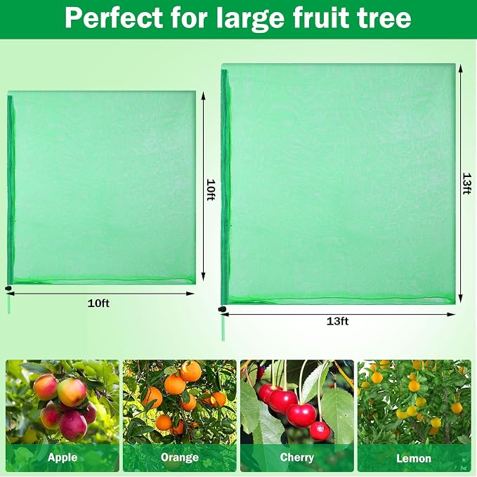 Fanfanwin 2 Packs 13 x 13 ft Large Fruit Tree Netting Bags with Zipper and Drawstring Squirrels Insect Bird Plant Cover for Fruit Trees Fruit Tree Net Protection