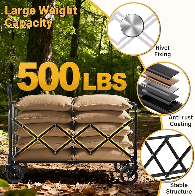 Collapsible Wagons Carts Foldable Wagon, 500LBS Collapsible Wagon Cart Foldable with Wheels & Brakes, Large Heavy Duty Folding Wagon Cart Utility for Camping, Picnic, Beach, Grocery, Sport, Shopping