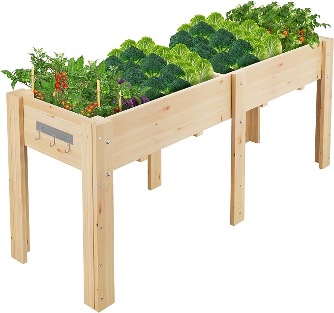 72x 23x30IN Raised Garden Bed Outdoors with High Legs & Hooks, Non-Woven Liner, Elevated Wooden Large Planter Box for Backyard, Patio, Balcony w/Divider Panel, 6 Legs, 300lb Capacity
