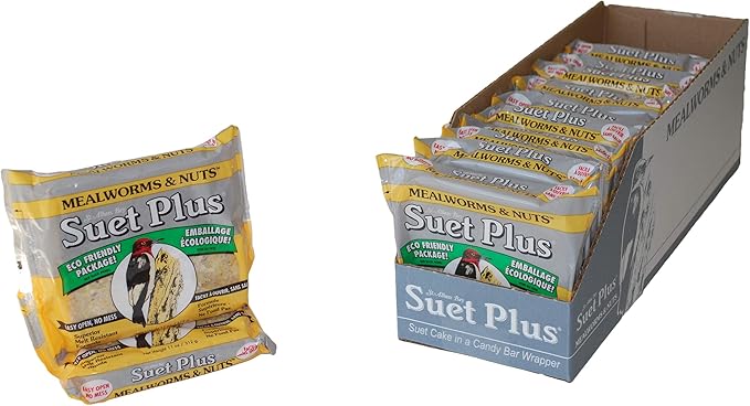 Wildlife Sciences Mealworms & Nuts Suet Cakes, 11 oz. Each, 12 Pack, High-Energy Wild Bird Food with Peanuts, Corn, Millet & Mealworms, No-Mess Melt-Resistant Suet, Individually Wrapped