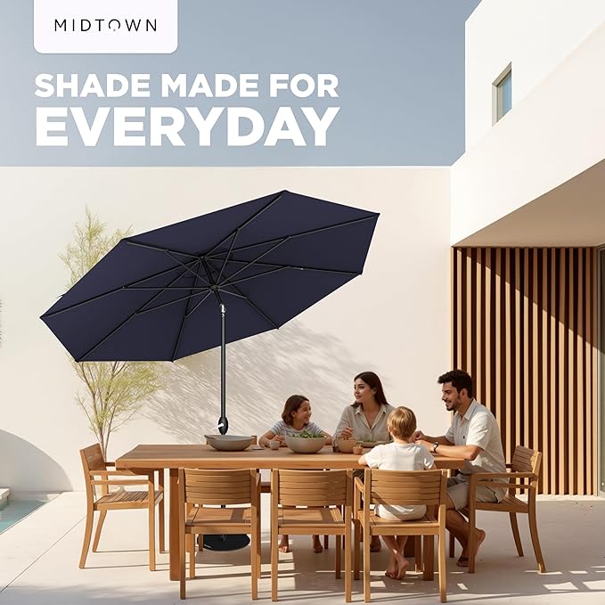 Midtown Umbrellas - 10-Year-No-Fade 9 Ft Patio Umbrella with Terylast Fabric, Auto-Tilt Aluminum Frame and 8 Reinforced Ribs for Deck, Pool, Garden & Beach - Navy Blue Canopy, Black Pole