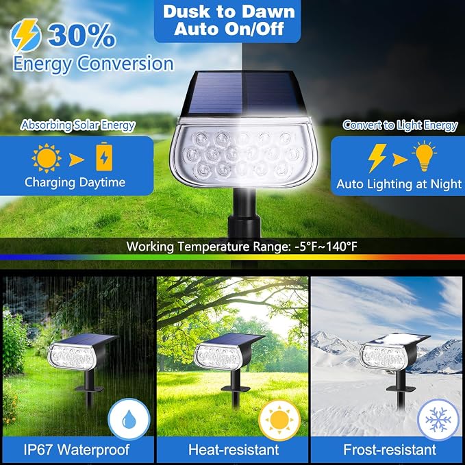 Solar Spot Lights Outdoor, IP67 Waterproof Landscape Spotlights 3 Lighting Modes Solar Outdoor Lights Dusk to Dawn for Yard Garden Pathway 6 Pack