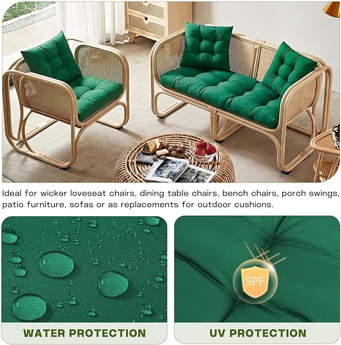 Wicker Chair Cushions Set, 2 U-Shaped Cushions & 1 Loveseat, Waterproof Outdoor Loveseat Cushion for Patio Furniture, Settee Bench Pad All Weather,Green