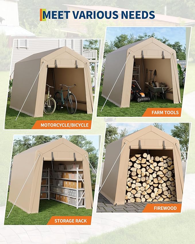 6 x 8 ft Bike Shed Storage Tent, Portable Outdoor Storage Shelter with Roll-Up Double Zipper Door, Ventilated Tarp Shed, Galvanized Steel Frame for ATV Motorcycle Bicycle Garden Tools,Khaki