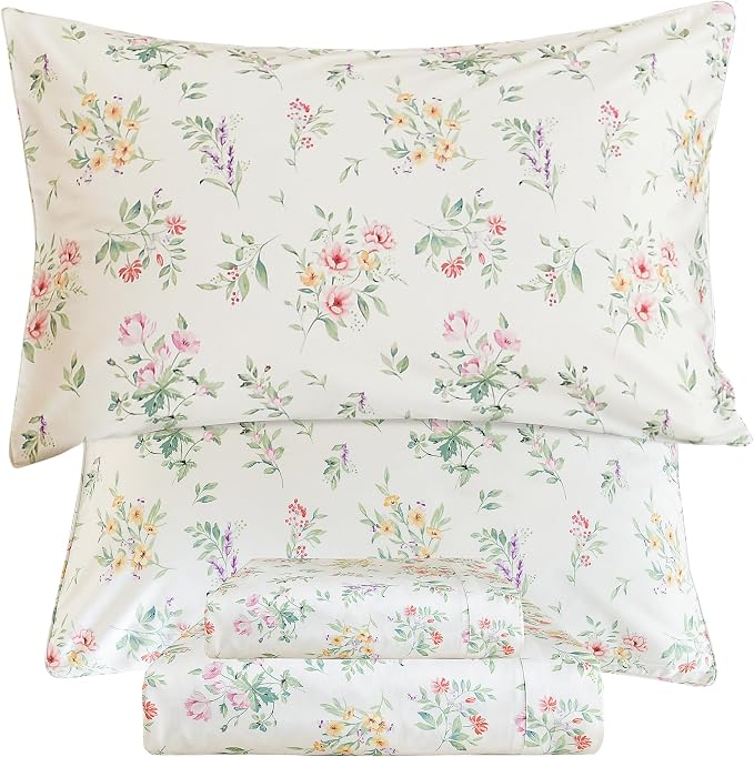 QSH Green Floral Egyptian Cotton Sheets King Size, Yellow Flowers Pattern Printed Bed Sheets Sets King Size Botanical Aesthetic Extra Soft and Breathable 17.5" Deep Pockets Bedding Sheets 4pcs