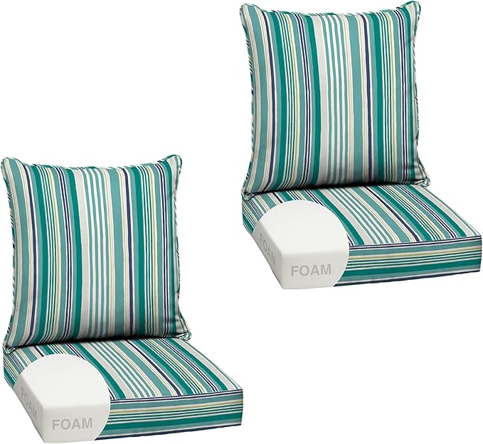 Arden Outdoor Foam Deep Seat Cushion Set (2-Pack), 24x24, Premium High-Density Foam, Never Flattens, Weather-Proof for Patio Chair Sofa Couch, Teal Cobalt Stripe