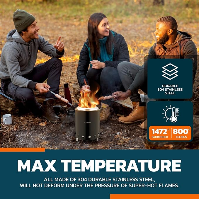 CAMPIOR Wood Burning Fire Pit Stove with Black Exterior - Smokeless Outdoor Stove for Efficient Wood Fires, Camping, and Gatherings, Stainless Steel with Removable Ash Pan, Stand and Carry Bag