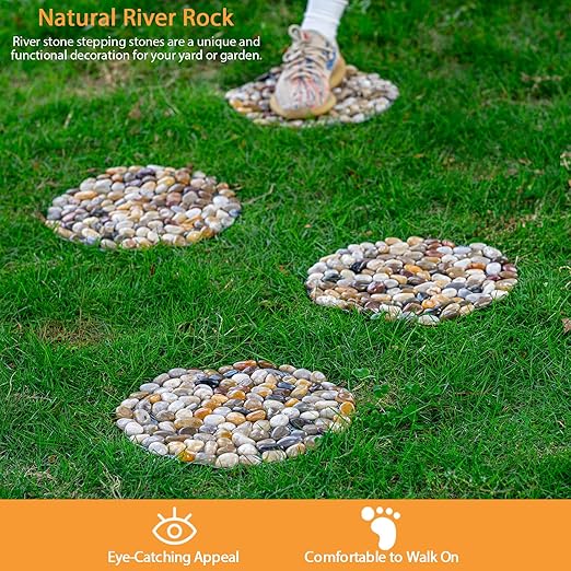 Stepping Stones Outdoor, 12 Inch Natural River Rock Garden Pavers, Set of 6 Round Pebble Stones for Walkway, Yard, Lawn, Patio, Pathway & Landscaping Decor (Roundness)