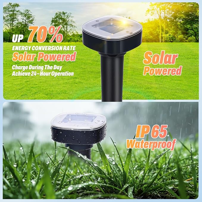 6 Pack Mole Repellent Solar Powered, Snake & Skunk & Vole & Gopher & Armadillo & Rabbit & Groundhog & Chipmunk & Raccoon Repellent for Yard, IP65 Waterproof Ultrasonic Deterrent for Lawns Garden