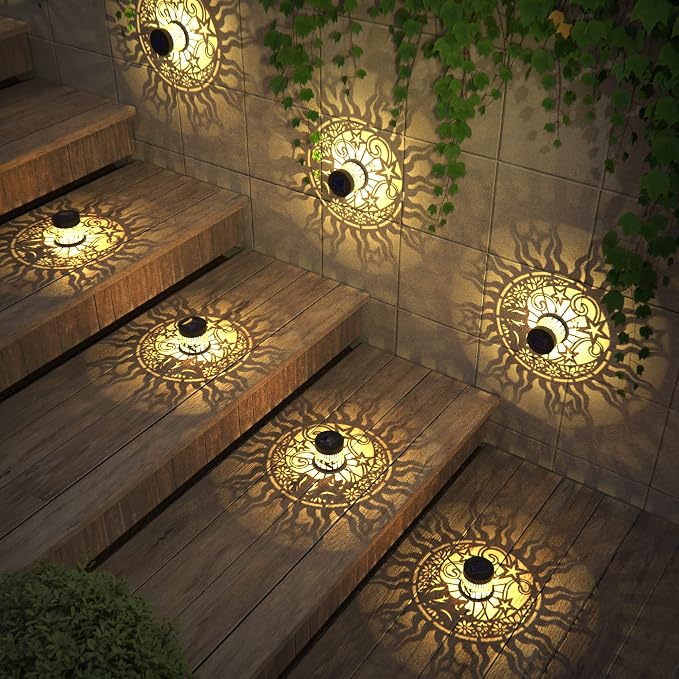 gardencave 4 Pack Solar Fence Lights Metal Solar Powered Outdoor Wall Deck Lights Sun Moon Theme Waterproof Fence Light for Garden Post Patio Backyard Yard Decor (Face, 4 Pack)