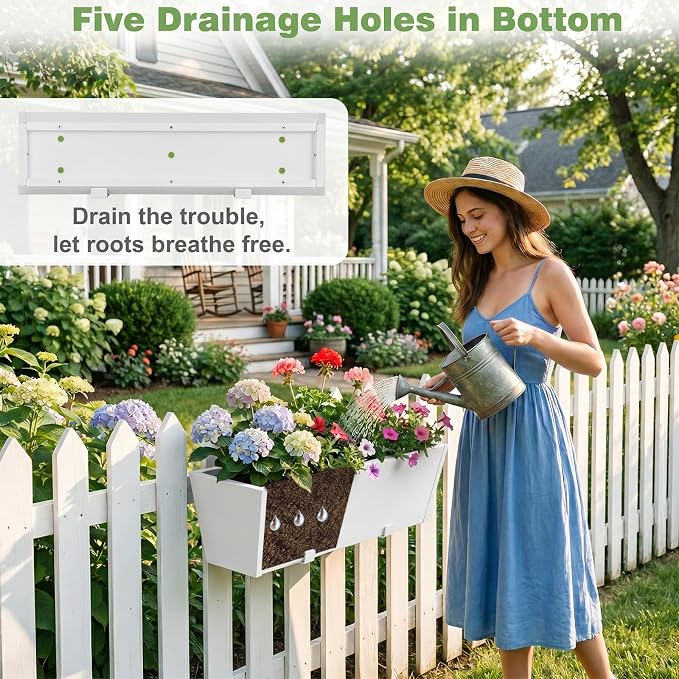 Railing Planter for Outdoor Plants 36'' Metal Hanging Flower Pot with Adjustable Brackets & Drainage Railing Planter Box Countryside Flower Plant Holder for Garden Yard Patio Balcony Deck Decor White
