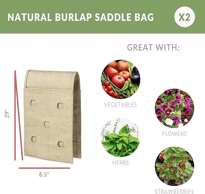 Hang & Grow Burlap Saddle Bag Planter for Outdoor Plants Vertical Flower Bag for Easy Outside Garden Decoration Reusable Saddle Hanging Bag for, Strawberry, Vegetables and Herbs, 2 Bags with 10 Holes