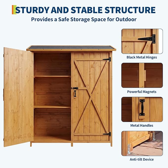 Wooden Outdoor Storage Cabinet with 2 Shelves & Lockable Doors - Waterproof Garden Tool Shed with Floor for Patio, Backyard, Deck, Lawn Organization & Large Storage Space