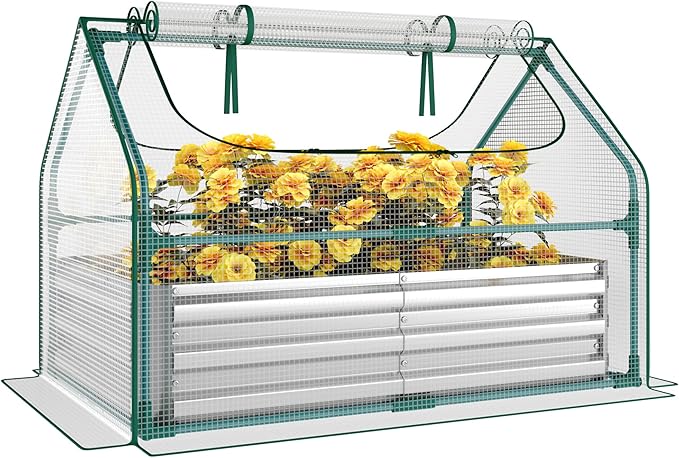 Miory Raised Garden Bed with PE Cover, 4x2.5x1 FT Galvanized Planter Box Outdoor with Mini Greenhouse, 2 Zippered Windows for Vegetables, Flowers, Includes Plant Labels & Gloves