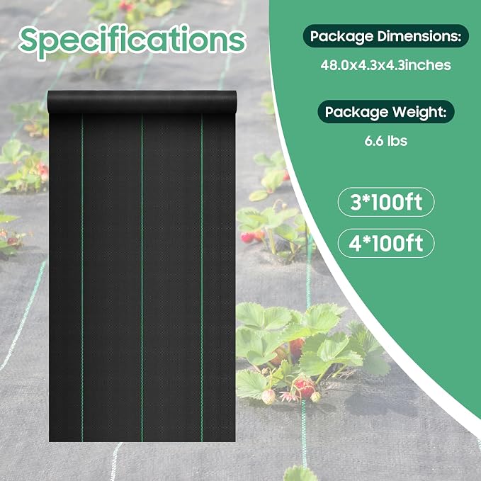 4FT x 100FT Weed Barrier Landscape Fabric, 3.2oz Heavy Duty Garden Cloth, Ground Cover for Gardening, Farming, Landscaping with 30 U-Shaped Staples Pegs