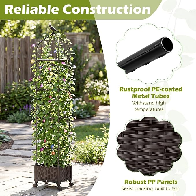 HAPPYGRILL Raised Garden Bed with Trellis, 83”H Self-Watering Tomato Cages, Adjustable Height, Indoor Outdoor Obelisk Planter Box w/Trellis & Wheels for Climbing Plants Vines Fruits