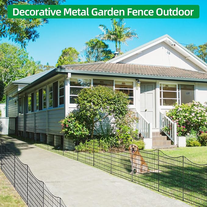 12 Panels No Dig Decorative Outdoor Garden Fence, 26.4 in(H) X 25.5 ft(L) Animal Barrier Fencing, Rustproof Metal Wire Panel Border, Temporary Ground Stakes for Patio, Outdoor
