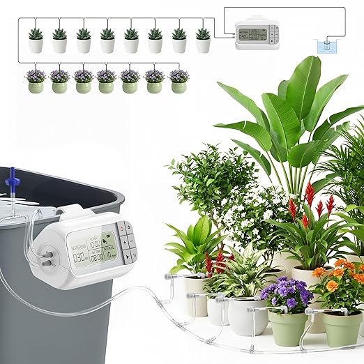 Automatic Drip Irrigation Kit, USB Rechargeable Auto Plant Watering System with Programmable Timer, Anti-Siphon Valve, DIY Irrigation System for up to 15 Outdoor/Indoor Potted Plants