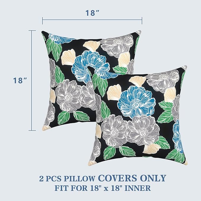 LVTXIII 2 Pack Outdoor Pillow Covers ONLY 18x18 Inch, Water-Repellent Square Decorative Cushion Covers for Patio Furniture, Garden, Sofa, Sketch Peony